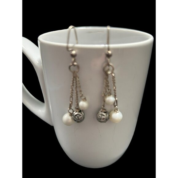 AGI Italy Sterling Silver 925 Freshwater Pearl Formed Bead Dangle Drop Earrings - Picture 2 of 6